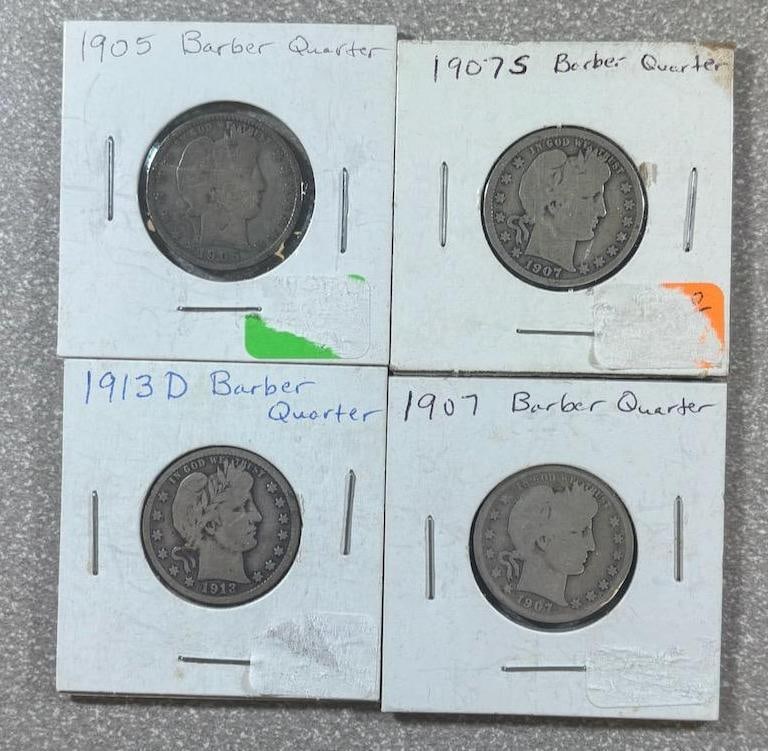 Set of Barber Quarters - 1905, 1907-S, 1907, 1913-D, US Mint, 90% silver: IMPORTANT, WE ONLY ACCEPT CREDIT CARDS UP TO $500 FOR ONLINE COIN PURCHASES. YOU CAN PAY ACH THROUGH PROXIBID, OR YOU CAN SEND A WIRE OR CERTIFIED CHECK. WE WILL HOLD ALL SHIPPING OF COINS FOR 10 DAYS