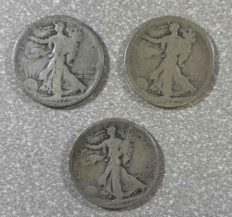 1917, 1918, 1919 Walking Liberty Half Dollars, 90% silver: IMPORTANT, WE ONLY ACCEPT CREDIT CARDS UP TO $500 FOR ONLINE COIN PURCHASES. YOU CAN PAY ACH THROUGH PROXIBID, OR YOU CAN SEND A WIRE OR CERTIFIED CHECK. WE WILL HOLD ALL SHIPPING OF COINS FOR 10 DAYS