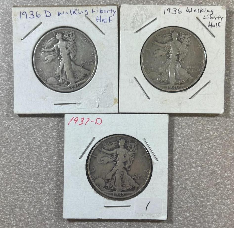 Walking Liberty Half Dollar Coin Set, Years: 1936-D, 1936, 1937-D, 90% Silver: IMPORTANT, WE ONLY ACCEPT CREDIT CARDS UP TO $500 FOR ONLINE COIN PURCHASES. YOU CAN PAY ACH THROUGH PROXIBID, OR YOU CAN SEND A WIRE OR CERTIFIED CHECK. WE WILL HOLD ALL SHIPPING OF COINS FOR 10 DAYS