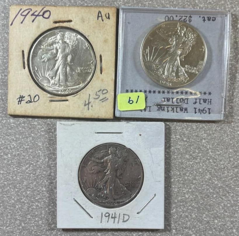 Walking Liberty Half Dollar Coin Set, Years: 1940, 1941, 1941-D, 90% Silver (1 of 8)