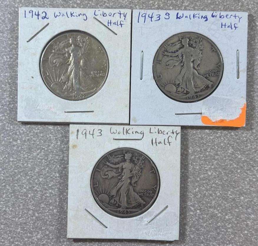 Walking Liberty Half Dollar Coin Set, Years: 1942, 1943-S, 1943, 90% Silver: IMPORTANT, WE ONLY ACCEPT CREDIT CARDS UP TO $500 FOR ONLINE COIN PURCHASES. YOU CAN PAY ACH THROUGH PROXIBID, OR YOU CAN SEND A WIRE OR CERTIFIED CHECK. WE WILL HOLD ALL SHIPPING OF COINS FOR 10 DAYS