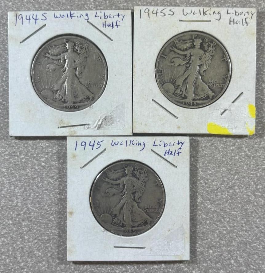 Walking Liberty Half Dollar Coin Set, Years: 1944-S, 1945-S, 1945, 90% Silver: IMPORTANT, WE ONLY ACCEPT CREDIT CARDS UP TO $500 FOR ONLINE COIN PURCHASES. YOU CAN PAY ACH THROUGH PROXIBID, OR YOU CAN SEND A WIRE OR CERTIFIED CHECK. WE WILL HOLD ALL SHIPPING OF COINS FOR 10 DAYS