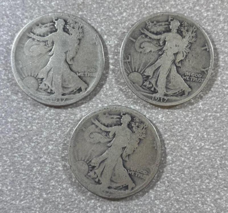 Walking Liberty Half Dollar Coin Set, Years: 3- 1917, 90% Silver (1 of 2)
