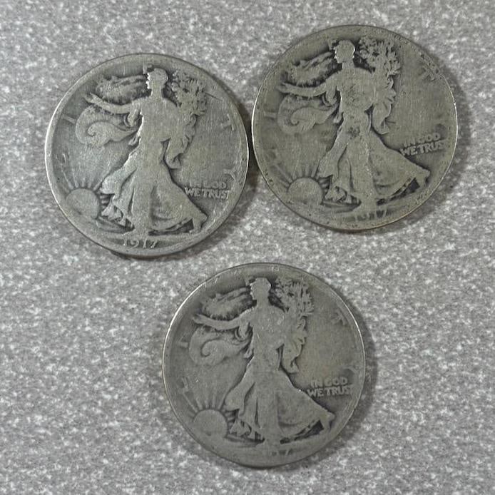 3- 1917 Walking Liberty Half Dollar Coins, 90% silver: IMPORTANT, WE ONLY ACCEPT CREDIT CARDS UP TO $500 FOR ONLINE COIN PURCHASES. YOU CAN PAY ACH THROUGH PROXIBID, OR YOU CAN SEND A WIRE OR CERTIFIED CHECK. WE WILL HOLD ALL SHIPPING OF COINS FOR 10 DAYS