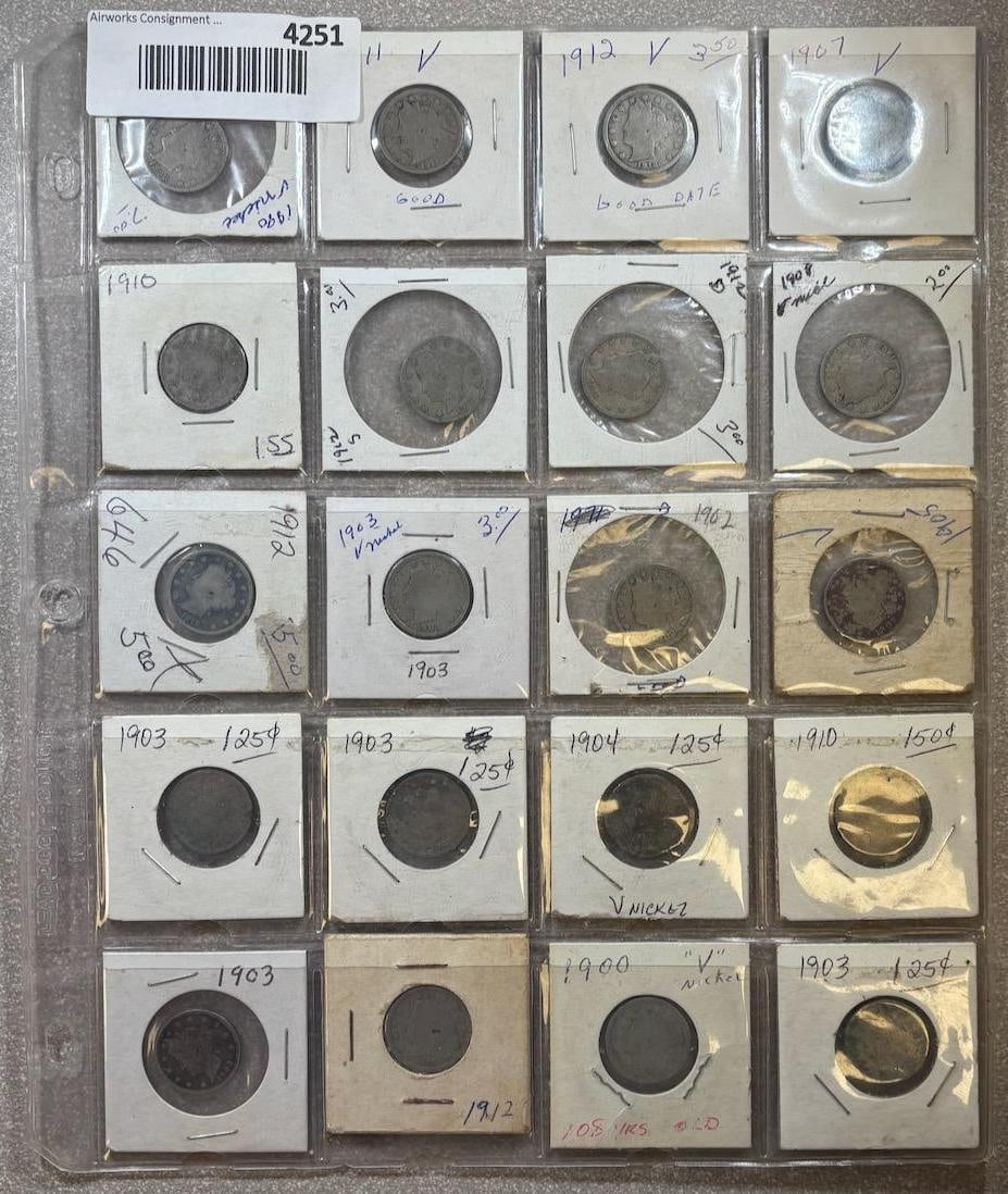 20- Liberty V Nickels, see pics for coins included: IMPORTANT, WE ONLY ACCEPT CREDIT CARDS UP TO $500 FOR ONLINE COIN PURCHASES. YOU CAN PAY ACH THROUGH PROXIBID, OR YOU CAN SEND A WIRE OR CERTIFIED CHECK. WE WILL HOLD ALL SHIPPING OF COINS FOR 10 DAYS
