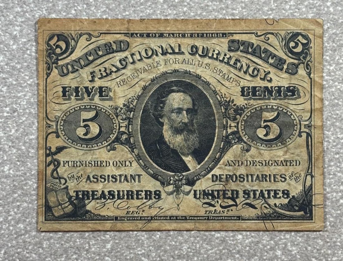 1863 U.S. 5-Cent Postal Fractional Currency Note, Civil War Era (1 of 2)