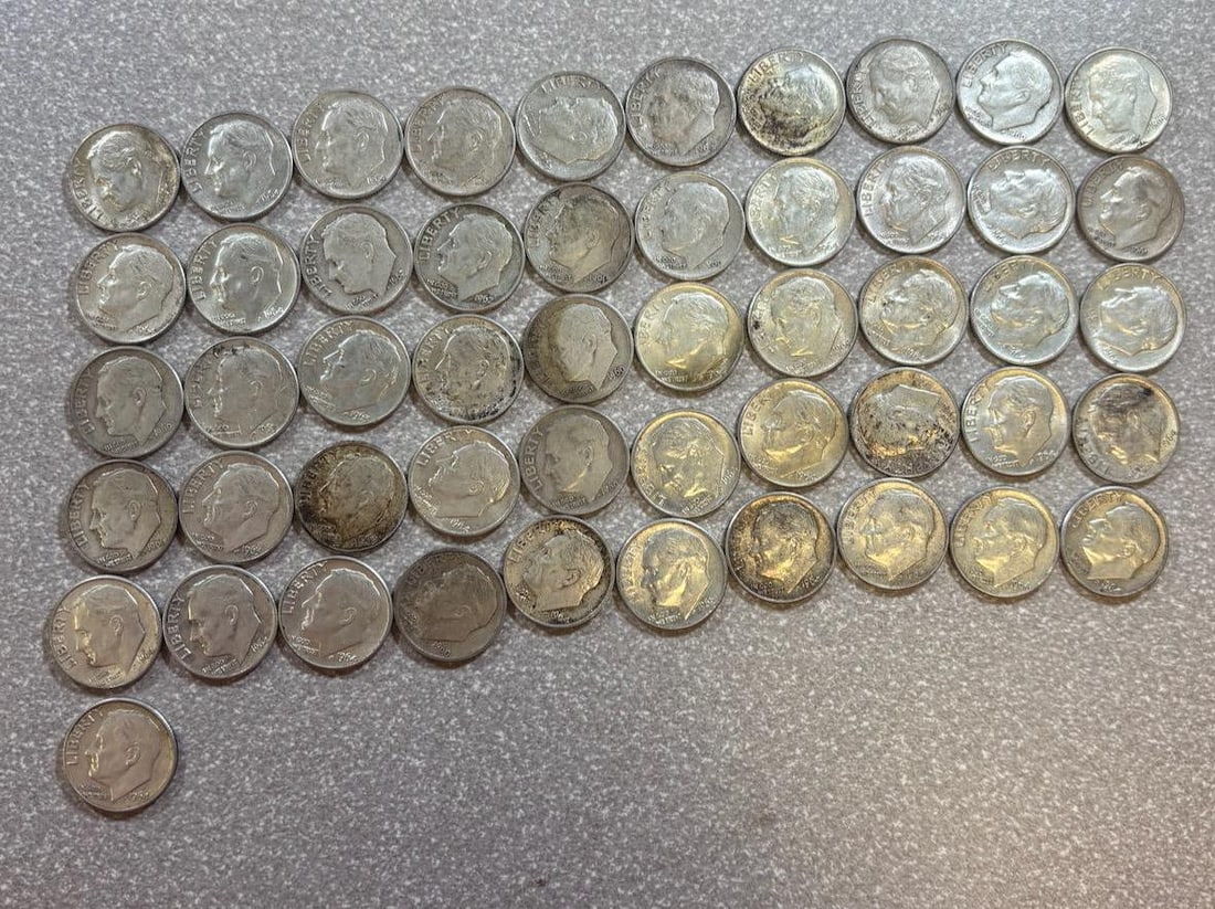 51- 90% Silver Roosevelt Dimes, various dates: IMPORTANT, WE ONLY ACCEPT CREDIT CARDS UP TO $500 FOR ONLINE COIN PURCHASES. YOU CAN PAY ACH THROUGH PROXIBID, OR YOU CAN SEND A WIRE OR CERTIFIED CHECK. WE WILL HOLD ALL SHIPPING OF COINS FOR 10 DAYS