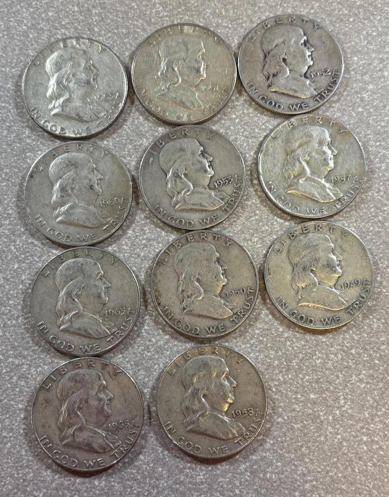 11- 90% Silver Franklin Half Dollars, various dates (1 of 10)