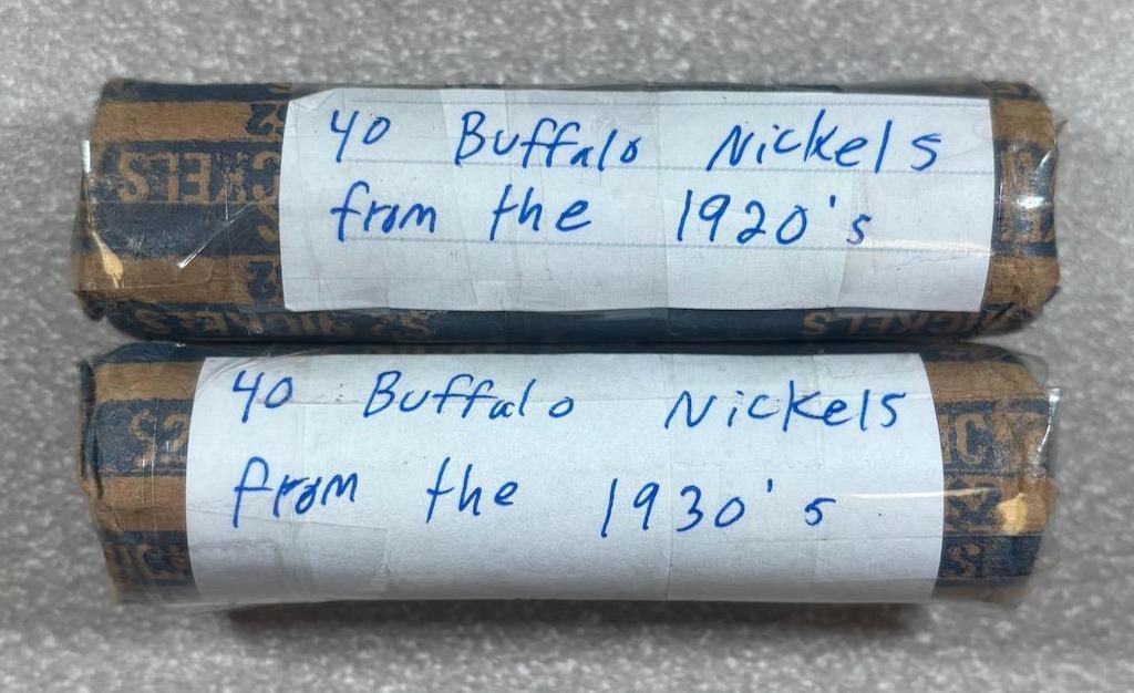 Buffalo Nickels Coin Rolls, 1920s & 1930s, 40 Coins Each, U.S. Mint: IMPORTANT, WE ONLY ACCEPT CREDIT CARDS UP TO $500 FOR ONLINE COIN PURCHASES. YOU CAN PAY ACH THROUGH PROXIBID, OR YOU CAN SEND A WIRE OR CERTIFIED CHECK. WE WILL HOLD ALL SHIPPING OF COINS FOR 10 DAYS