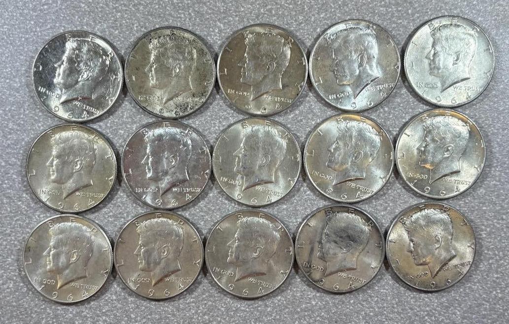 Kennedy Half Dollar Coins, 1964, D Mint Mark, 90% Silver, 15 Coins: IMPORTANT, WE ONLY ACCEPT CREDIT CARDS UP TO $500 FOR ONLINE COIN PURCHASES. YOU CAN PAY ACH THROUGH PROXIBID, OR YOU CAN SEND A WIRE OR CERTIFIED CHECK. WE WILL HOLD ALL SHIPPING OF COINS FOR 10 DAYS