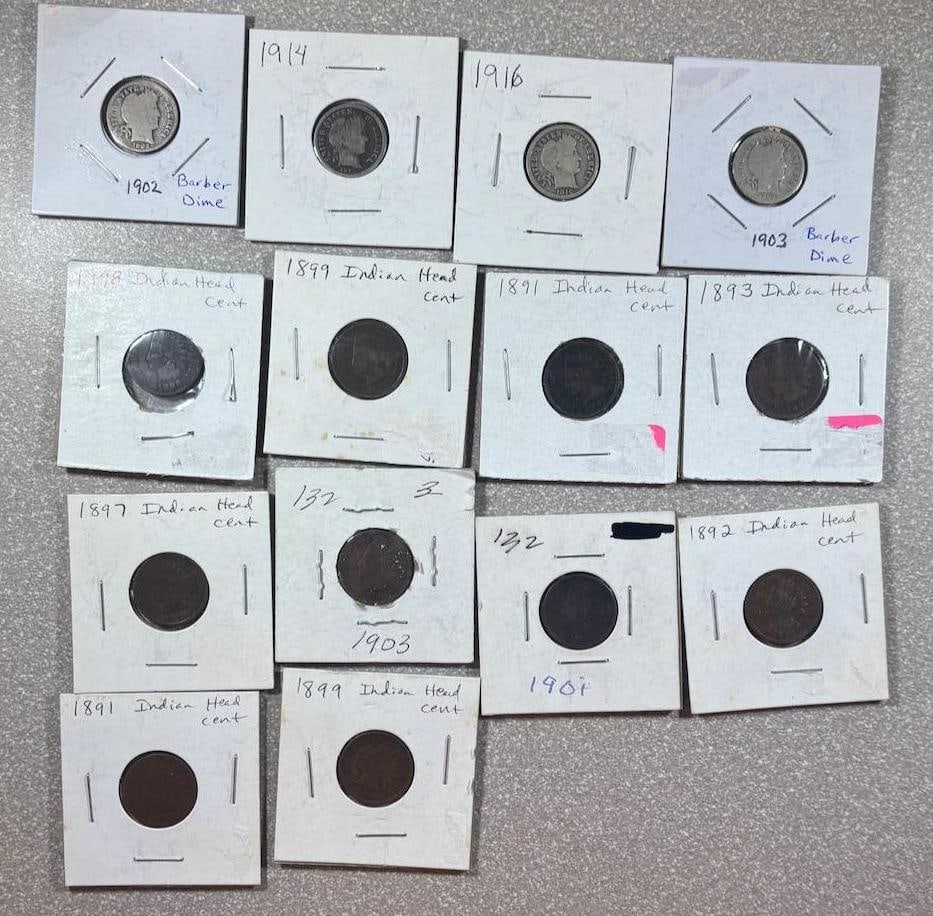 Collectible U.S. Coins: Indian Head Cents & 4 Barber Dimes, various dates (1 of 20)