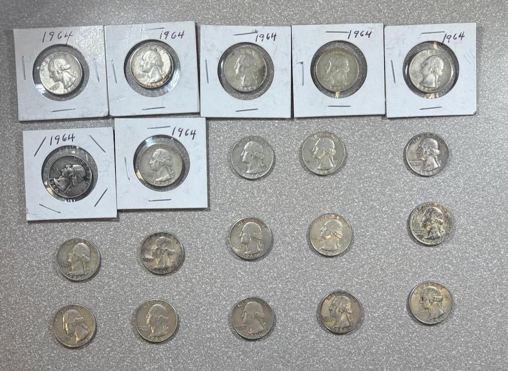 20- 90% silver Washington Quarters, various dates: IMPORTANT, WE ONLY ACCEPT CREDIT CARDS UP TO $500 FOR ONLINE COIN PURCHASES. YOU CAN PAY ACH THROUGH PROXIBID, OR YOU CAN SEND A WIRE OR CERTIFIED CHECK. WE WILL HOLD ALL SHIPPING OF COINS FOR 10 DAYS