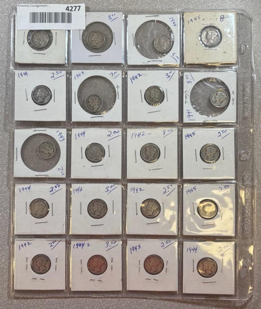 20- 90% Silver Mercury Dimes, see pics for dates: IMPORTANT, WE ONLY ACCEPT CREDIT CARDS UP TO $500 FOR ONLINE COIN PURCHASES. YOU CAN PAY ACH THROUGH PROXIBID, OR YOU CAN SEND A WIRE OR CERTIFIED CHECK. WE WILL HOLD ALL SHIPPING OF COINS FOR 10 DAYS