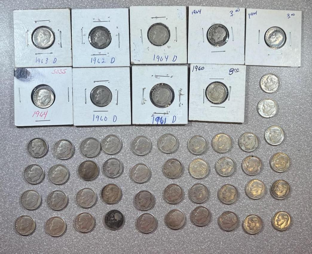 51- 90% Silver Roosevelt Dimes, various dates (1 of 11)