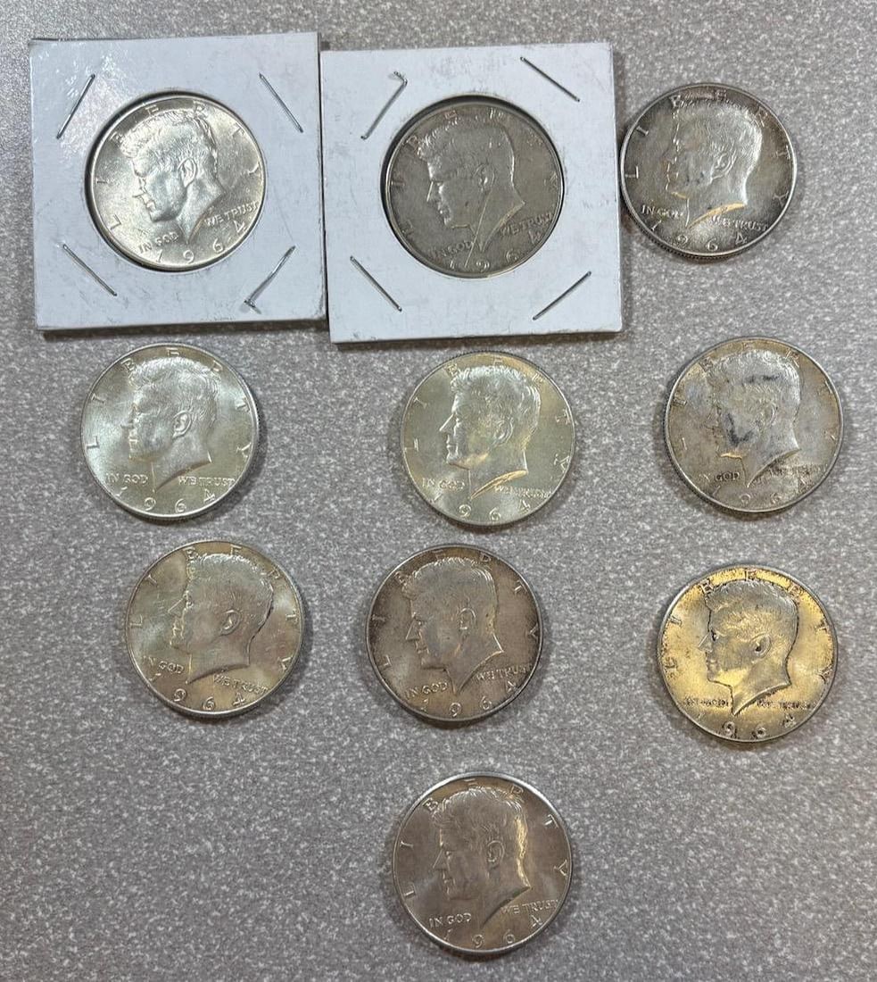 10- 1964 90% Silver Kennedy Half Dollars: IMPORTANT, WE ONLY ACCEPT CREDIT CARDS UP TO $500 FOR ONLINE COIN PURCHASES. YOU CAN PAY ACH THROUGH PROXIBID, OR YOU CAN SEND A WIRE OR CERTIFIED CHECK. WE WILL HOLD ALL SHIPPING OF COINS FOR 10 DAYS