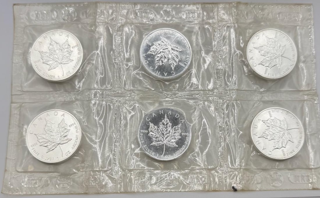 6- 1994 Canadian Maple Leaf Silver Bullion Coins, $5, 1 oz, 99.99% Silver: IMPORTANT, WE ONLY ACCEPT CREDIT CARDS UP TO $500 FOR ONLINE COIN PURCHASES. YOU CAN PAY ACH THROUGH PROXIBID, OR YOU CAN SEND A WIRE OR CERTIFIED CHECK. WE WILL HOLD ALL SHIPPING OF COINS FOR 10 DAYS