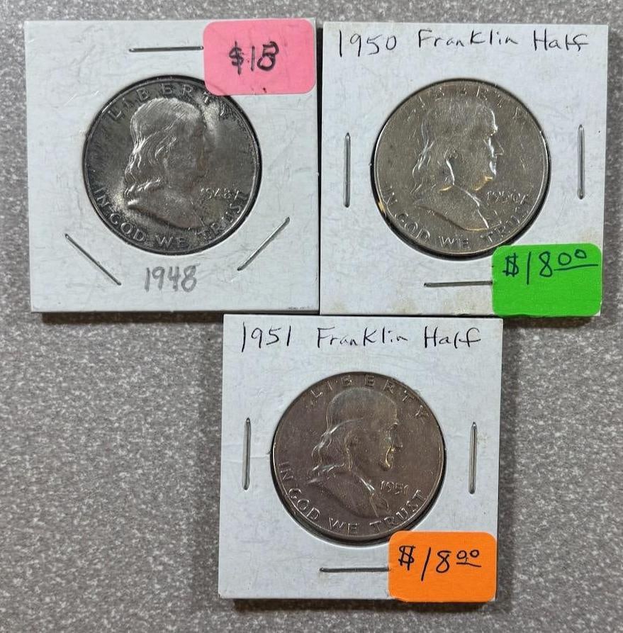 Franklin Half Dollar Coins, 1948, 1950, 1951, 90% Silver: IMPORTANT, WE ONLY ACCEPT CREDIT CARDS UP TO $500 FOR ONLINE COIN PURCHASES. YOU CAN PAY ACH THROUGH PROXIBID, OR YOU CAN SEND A WIRE OR CERTIFIED CHECK. WE WILL HOLD ALL SHIPPING OF COINS FOR 10 DAYS