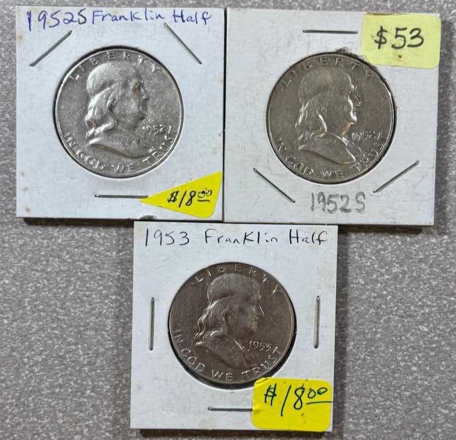 Franklin Half Dollar Coins, 1948, 1950, 1951, 90% Silver: IMPORTANT, WE ONLY ACCEPT CREDIT CARDS UP TO $500 FOR ONLINE COIN PURCHASES. YOU CAN PAY ACH THROUGH PROXIBID, OR YOU CAN SEND A WIRE OR CERTIFIED CHECK. WE WILL HOLD ALL SHIPPING OF COINS FOR 10 DAYS