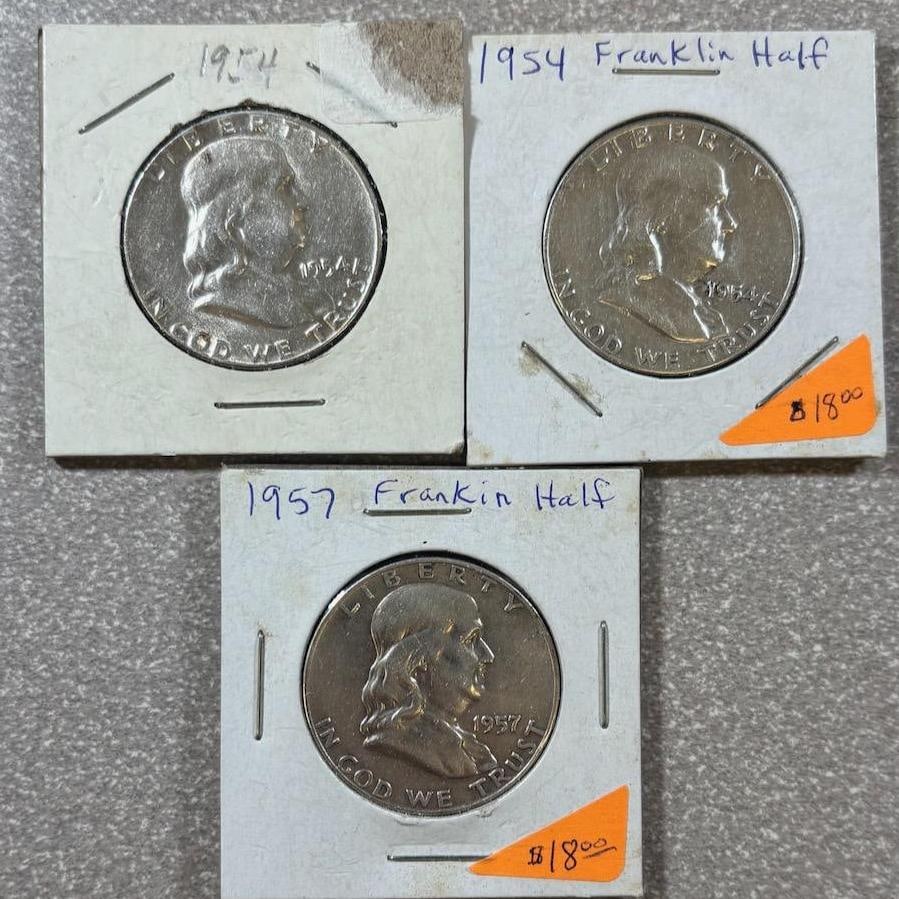 Franklin Half Dollar Coins, 1954, 1954, 1957, 90% Silver: IMPORTANT, WE ONLY ACCEPT CREDIT CARDS UP TO $500 FOR ONLINE COIN PURCHASES. YOU CAN PAY ACH THROUGH PROXIBID, OR YOU CAN SEND A WIRE OR CERTIFIED CHECK. WE WILL HOLD ALL SHIPPING OF COINS FOR 10 DAYS