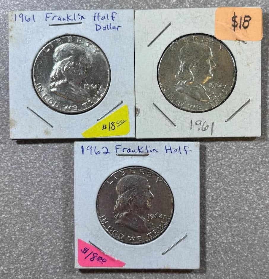 Franklin Half Dollar Coins, 1961, 1961, 1962, 90% Silver: IMPORTANT, WE ONLY ACCEPT CREDIT CARDS UP TO $500 FOR ONLINE COIN PURCHASES. YOU CAN PAY ACH THROUGH PROXIBID, OR YOU CAN SEND A WIRE OR CERTIFIED CHECK. WE WILL HOLD ALL SHIPPING OF COINS FOR 10 DAYS