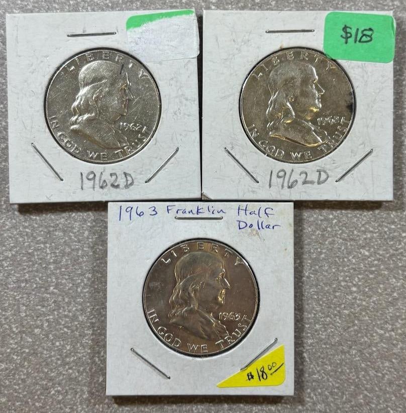 Franklin Half Dollar Coins, 1962-D, 1962-D, 1963, 90% Silver (1 of 8)