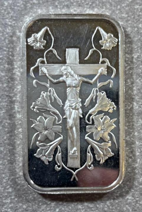 Silver Bar with Crucifix Design, Approx. 1 oz, 99.9% Pure: IMPORTANT, WE ONLY ACCEPT CREDIT CARDS UP TO $500 FOR ONLINE COIN PURCHASES. YOU CAN PAY ACH THROUGH PROXIBID, OR YOU CAN SEND A WIRE OR CERTIFIED CHECK. WE WILL HOLD ALL SHIPPING OF COINS FOR 10 DAYS