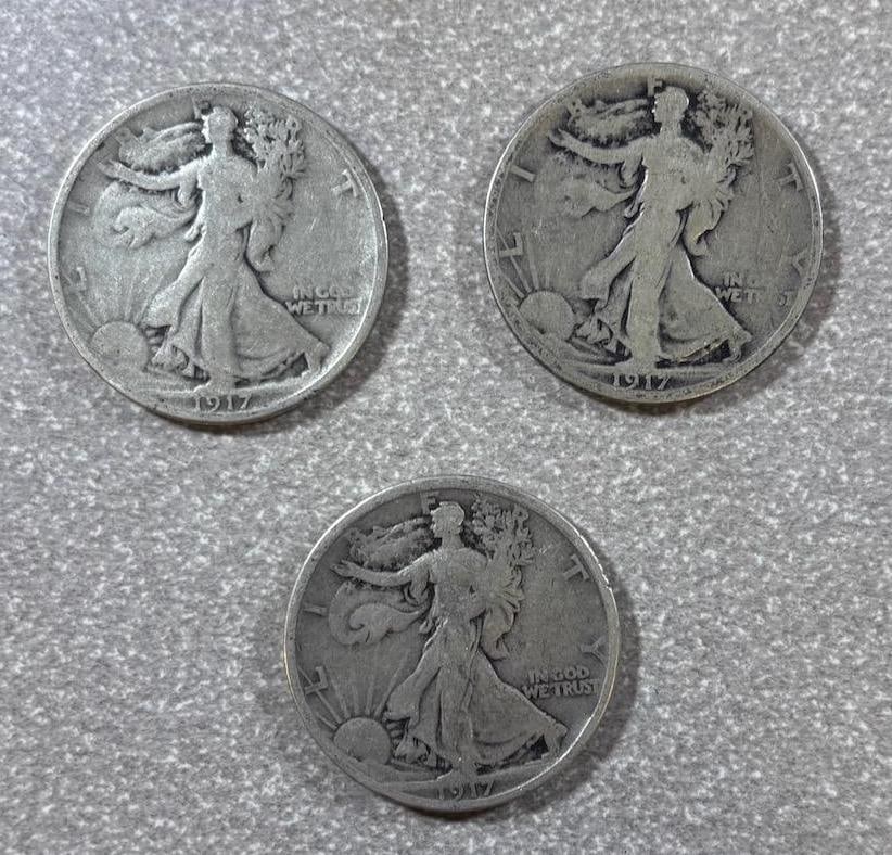 3- 1917 Walking Liberty Half Dollar Coins, 90% silver, one with an S Mint Mark (1 of 2)