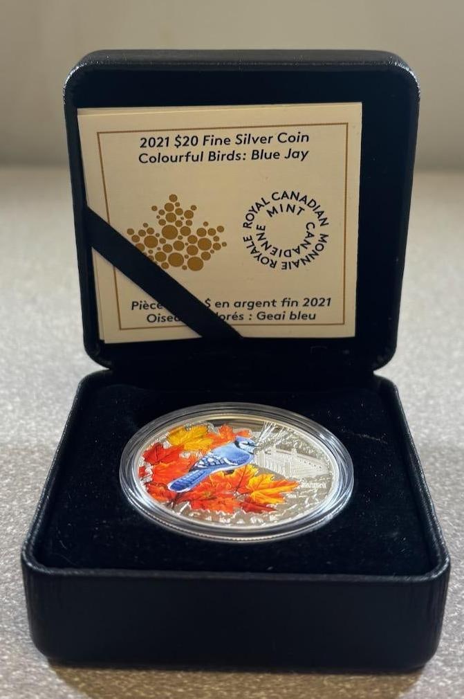 2021 Royal Canadian Mint Colourful Birds: Blue Jay, $20 Fine Silver Coin: IMPORTANT, WE ONLY ACCEPT CREDIT CARDS UP TO $500 FOR ONLINE COIN PURCHASES. YOU CAN PAY ACH THROUGH PROXIBID, OR YOU CAN SEND A WIRE OR CERTIFIED CHECK. WE WILL HOLD ALL SHIPPING OF COINS FOR 10 DAYS