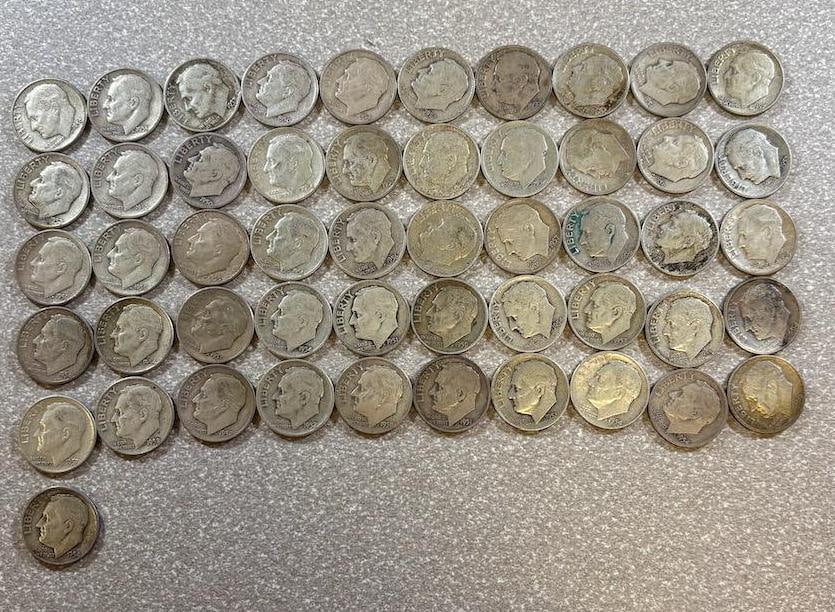 Lot of 51 U.S. Roosevelt Dimes, Various Years, 90% Silver (1 of 4)