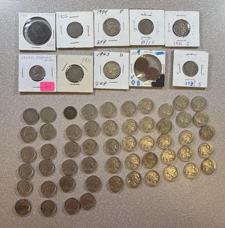 U.S. Nickels & Italian Coins, Various Years & Mint Marks, V Nickels, Buffalo Nickels, Silver Quarter (1 of 13)