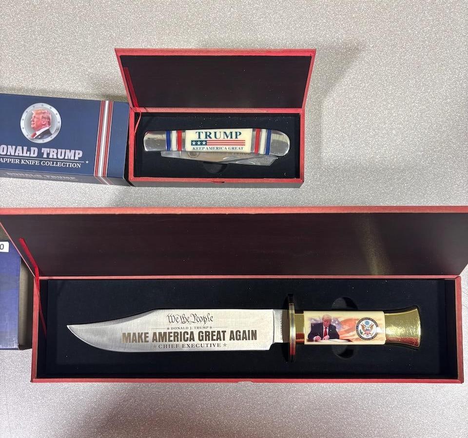 Collectible Trump Themed Knife Set, Presentation Box Included: IMPORTANT, WE ONLY ACCEPT CREDIT CARDS UP TO $500 FOR ONLINE COIN PURCHASES. YOU CAN PAY ACH THROUGH PROXIBID, OR YOU CAN SEND A WIRE OR CERTIFIED CHECK. WE WILL HOLD ALL SHIPPING OF COINS FOR 10 DAYS