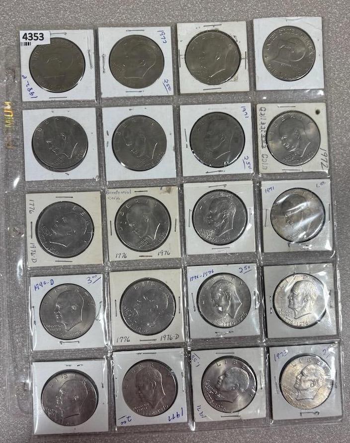20 Eisenhower Dollars coins, see pics for dates: IMPORTANT, WE ONLY ACCEPT CREDIT CARDS UP TO $500 FOR ONLINE COIN PURCHASES. YOU CAN PAY ACH THROUGH PROXIBID, OR YOU CAN SEND A WIRE OR CERTIFIED CHECK. WE WILL HOLD ALL SHIPPING OF COINS FOR 10 DAYS