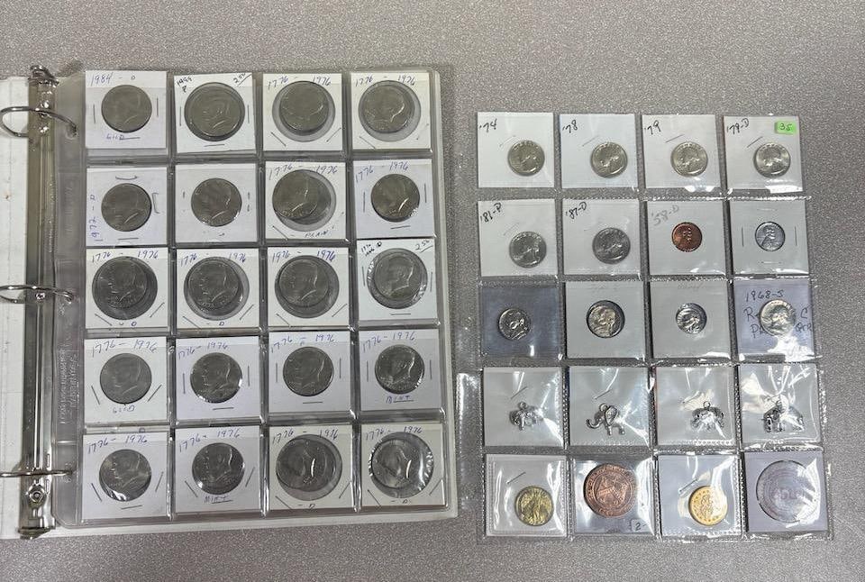 Coin book w/ 60 US Half Dollars, incl. several 1976, and asst trinkets and coins (1 of 8)