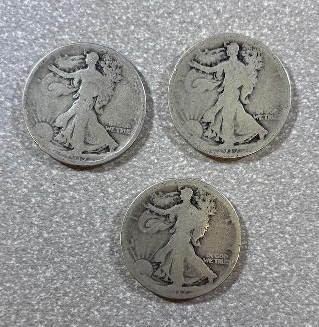 3- 1917 Walking Liberty Half Dollar Coins, 90% silver: IMPORTANT, WE ONLY ACCEPT CREDIT CARDS UP TO $500 FOR ONLINE COIN PURCHASES. YOU CAN PAY ACH THROUGH PROXIBID, OR YOU CAN SEND A WIRE OR CERTIFIED CHECK. WE WILL HOLD ALL SHIPPING OF COINS FOR 10 DAYS