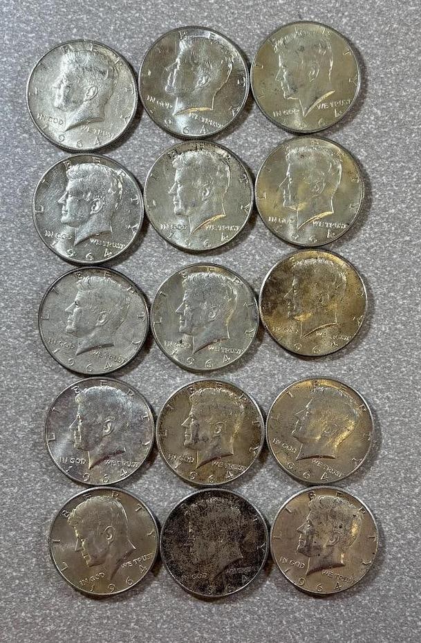 15- 1964 90% Silver Kennedy Half Dollars: IMPORTANT, WE ONLY ACCEPT CREDIT CARDS UP TO $500 FOR ONLINE COIN PURCHASES. YOU CAN PAY ACH THROUGH PROXIBID, OR YOU CAN SEND A WIRE OR CERTIFIED CHECK. WE WILL HOLD ALL SHIPPING OF COINS FOR 10 DAYS