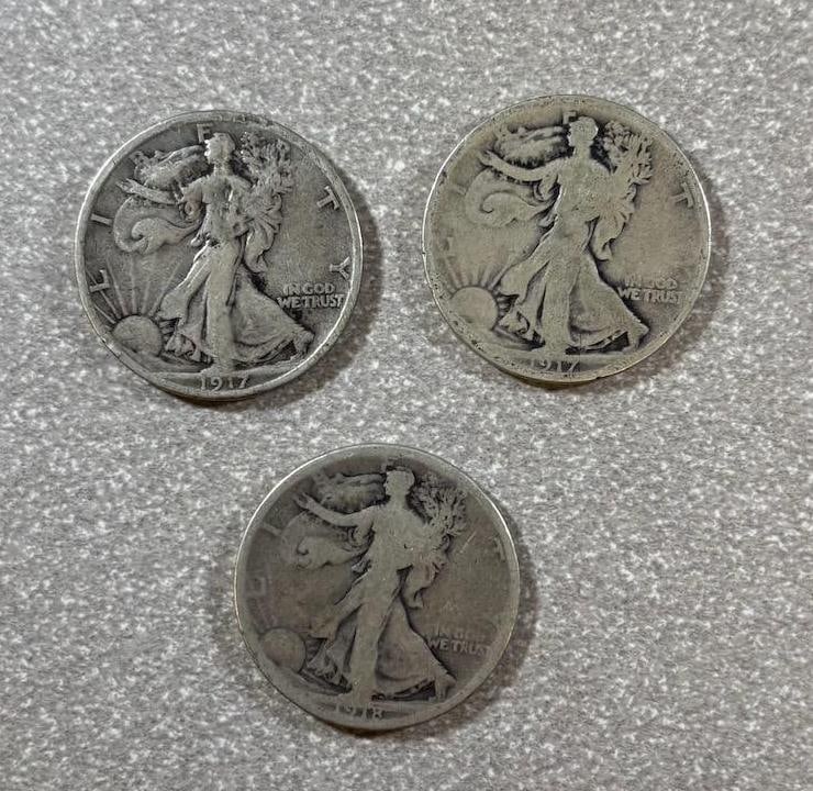 2-1917 and 1918 Walking Liberty Half Dollar Coins, United States, 90% Silver (1 of 2)