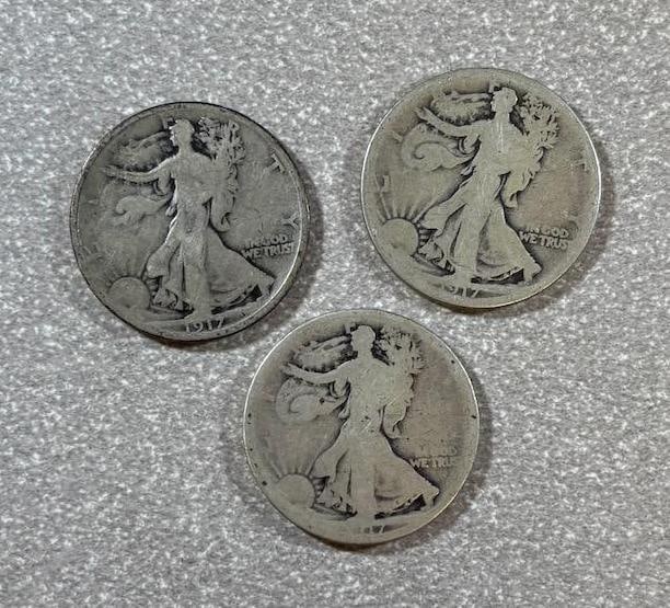 3- 1917 Walking Liberty Half Dollar Coins, 90% silver (1 of 2)