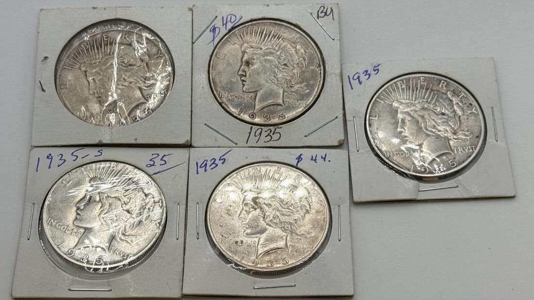 2-1935-S and 3- 1935 Peace Silver Dollars, U.S. Mint, 90% silver: IMPORTANT, WE ONLY ACCEPT CREDIT CARDS UP TO $500 FOR ONLINE COIN PURCHASES. YOU CAN PAY ACH THROUGH PROXIBID, OR YOU CAN SEND A WIRE OR CERTIFIED CHECK. WE WILL HOLD ALL SHIPPING OF COINS FOR 10 DAYS