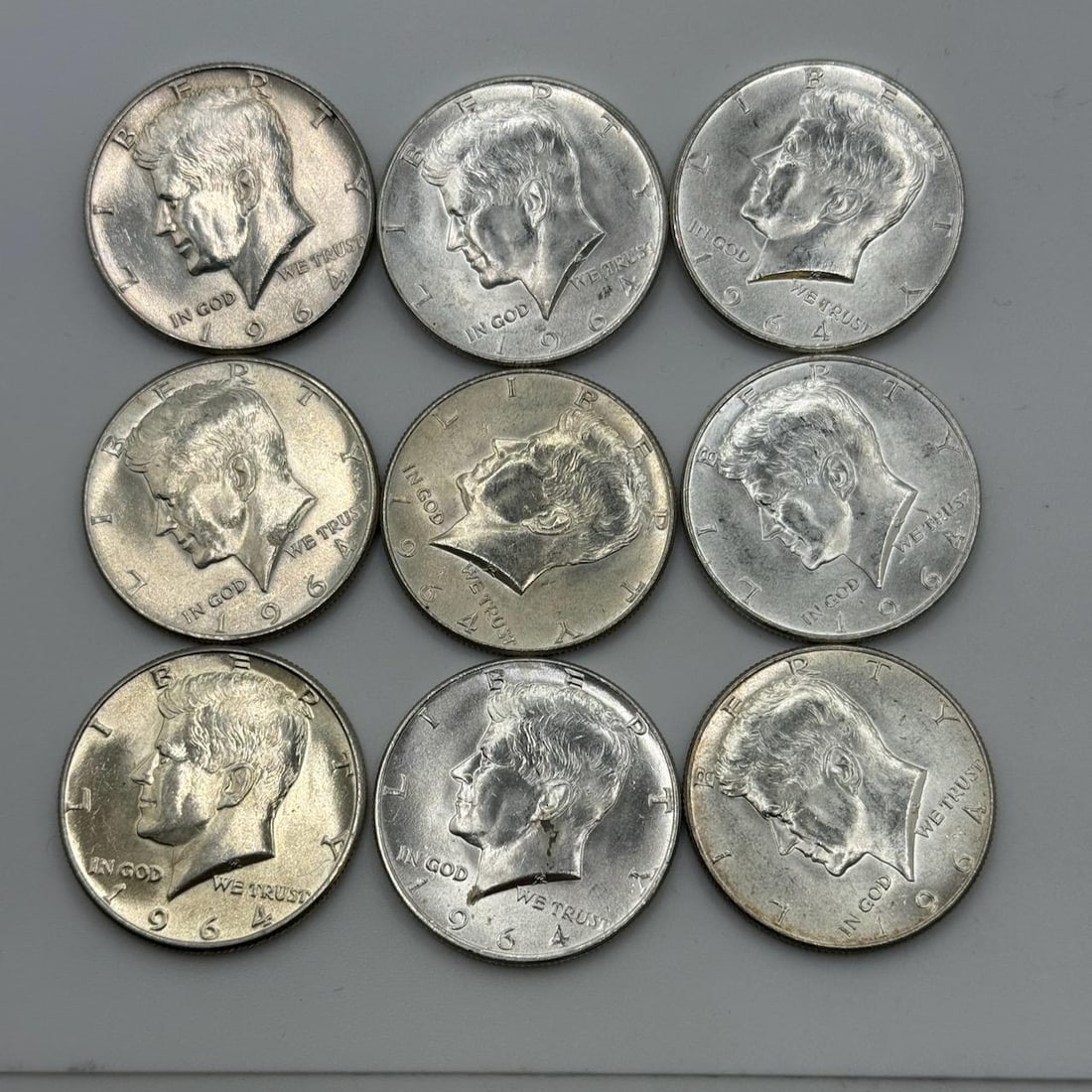 9- 1964 Kennedy Half Dollar Coins, U.S. Mint, 90% Silver, 9 Coins (1 of 2)