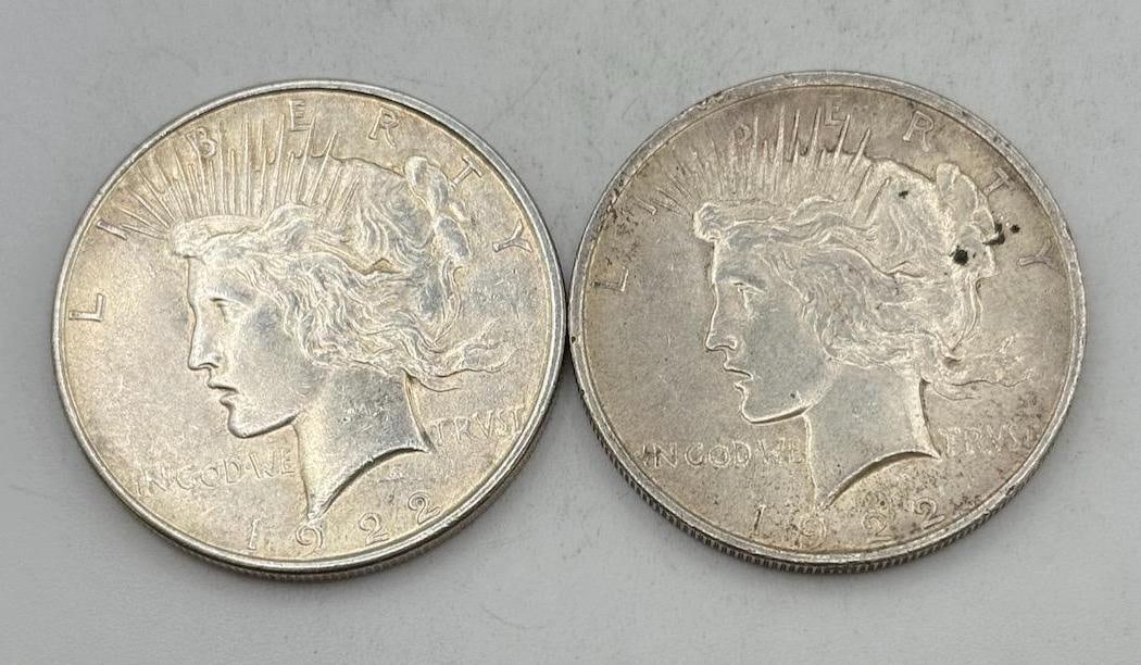 2- 1922 Peace Silver Dollars, 90% silver: IMPORTANT, WE ONLY ACCEPT CREDIT CARDS UP TO $500 FOR ONLINE COIN PURCHASES. YOU CAN PAY ACH THROUGH PROXIBID, OR YOU CAN SEND A WIRE OR CERTIFIED CHECK. WE WILL HOLD ALL SHIPPING OF COINS FOR 10 DAYS