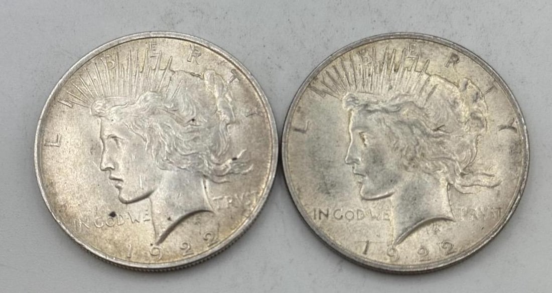 2- 1922 Peace Silver Dollars, 90% silver: IMPORTANT, WE ONLY ACCEPT CREDIT CARDS UP TO $500 FOR ONLINE COIN PURCHASES. YOU CAN PAY ACH THROUGH PROXIBID, OR YOU CAN SEND A WIRE OR CERTIFIED CHECK. WE WILL HOLD ALL SHIPPING OF COINS FOR 10 DAYS