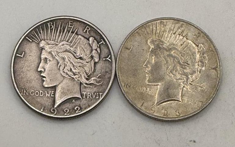 1922 and 1923-S Peace Silver Dollars, 90% silver: IMPORTANT, WE ONLY ACCEPT CREDIT CARDS UP TO $500 FOR ONLINE COIN PURCHASES. YOU CAN PAY ACH THROUGH PROXIBID, OR YOU CAN SEND A WIRE OR CERTIFIED CHECK. WE WILL HOLD ALL SHIPPING OF COINS FOR 10 DAYS