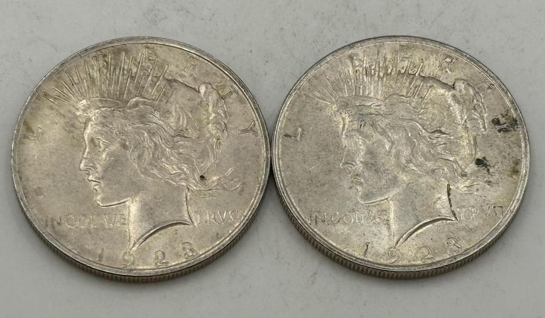 2- 1923 Peace Silver Dollars, 90% silver: IMPORTANT, WE ONLY ACCEPT CREDIT CARDS UP TO $500 FOR ONLINE COIN PURCHASES. YOU CAN PAY ACH THROUGH PROXIBID, OR YOU CAN SEND A WIRE OR CERTIFIED CHECK. WE WILL HOLD ALL SHIPPING OF COINS FOR 10 DAYS