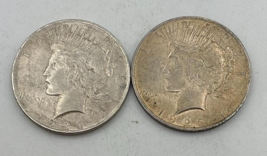 2- 1923 Peace Silver Dollars, 90% silver: IMPORTANT, WE ONLY ACCEPT CREDIT CARDS UP TO $500 FOR ONLINE COIN PURCHASES. YOU CAN PAY ACH THROUGH PROXIBID, OR YOU CAN SEND A WIRE OR CERTIFIED CHECK. WE WILL HOLD ALL SHIPPING OF COINS FOR 10 DAYS