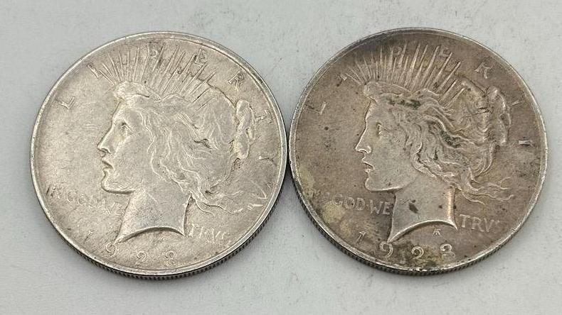 2- 1923 Peace Silver Dollars, 90% silver: IMPORTANT, WE ONLY ACCEPT CREDIT CARDS UP TO $500 FOR ONLINE COIN PURCHASES. YOU CAN PAY ACH THROUGH PROXIBID, OR YOU CAN SEND A WIRE OR CERTIFIED CHECK. WE WILL HOLD ALL SHIPPING OF COINS FOR 10 DAYS