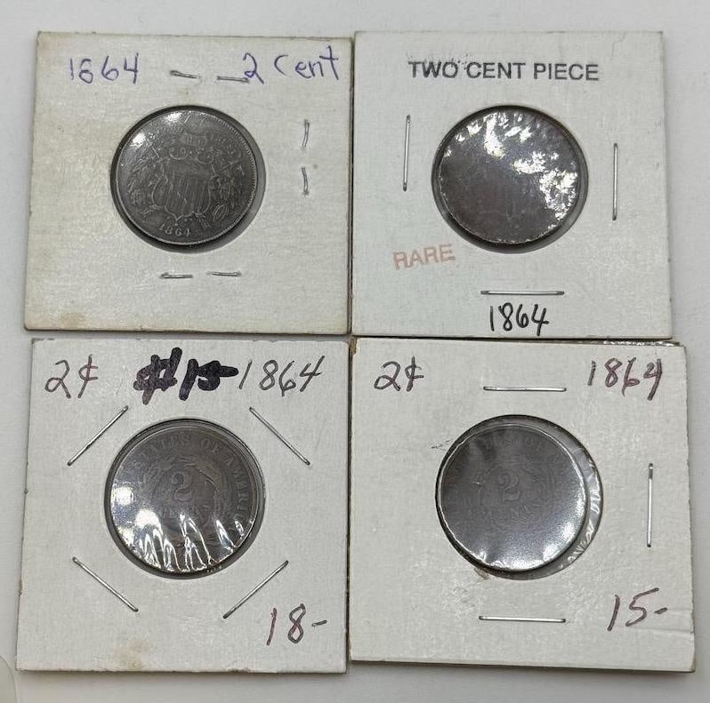 4- 1864 United States Two-Cent Pieces, First "In God We Trust" Coin: IMPORTANT, WE ONLY ACCEPT CREDIT CARDS UP TO $500 FOR ONLINE COIN PURCHASES. YOU CAN PAY ACH THROUGH PROXIBID, OR YOU CAN SEND A WIRE OR CERTIFIED CHECK. WE WILL HOLD ALL SHIPPING OF COINS FOR 10 DAYS