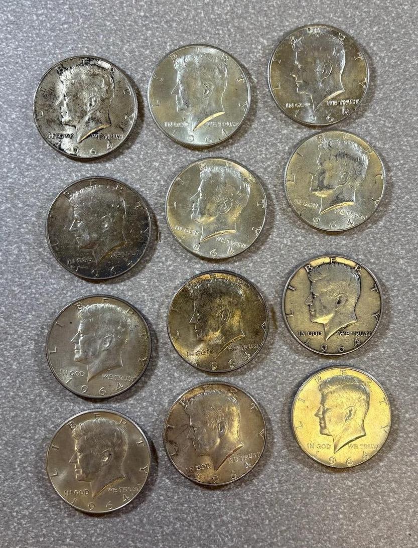 12- 1964 90% Silver Kennedy Half Dollars: IMPORTANT, WE ONLY ACCEPT CREDIT CARDS UP TO $500 FOR ONLINE COIN PURCHASES. YOU CAN PAY ACH THROUGH PROXIBID, OR YOU CAN SEND A WIRE OR CERTIFIED CHECK. WE WILL HOLD ALL SHIPPING OF COINS FOR 10 DAYS