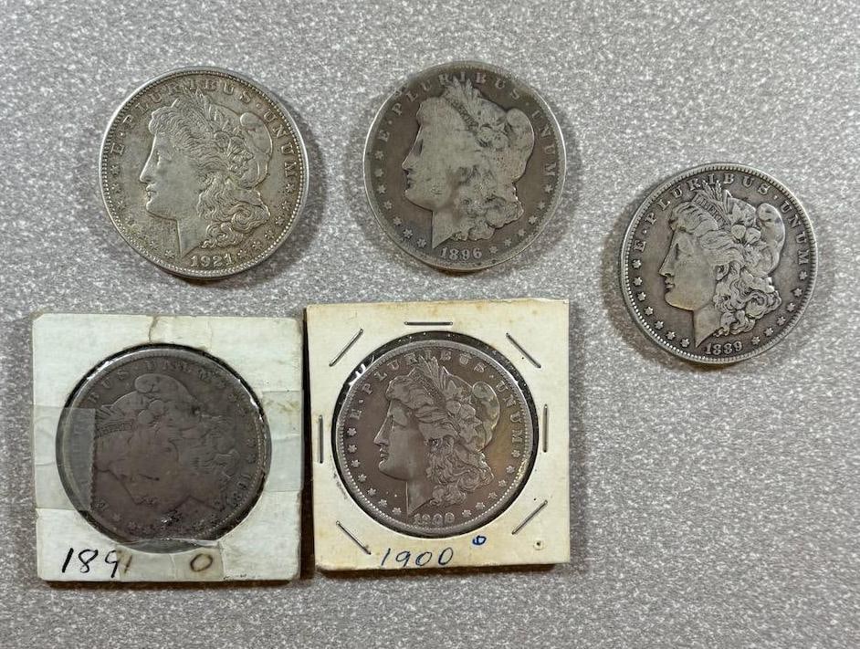 Morgan Silver Dollars Set - 1921-D, 1896-O, 1889, 1900-O, 1891-O Mint Mark, all 90% silver (1 of 12)