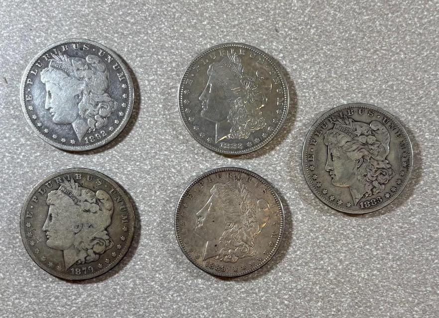 Morgan Silver Dollar Coins, 1892-O, 1883, 1879, 1889, 1883, all 90% silver (1 of 12)