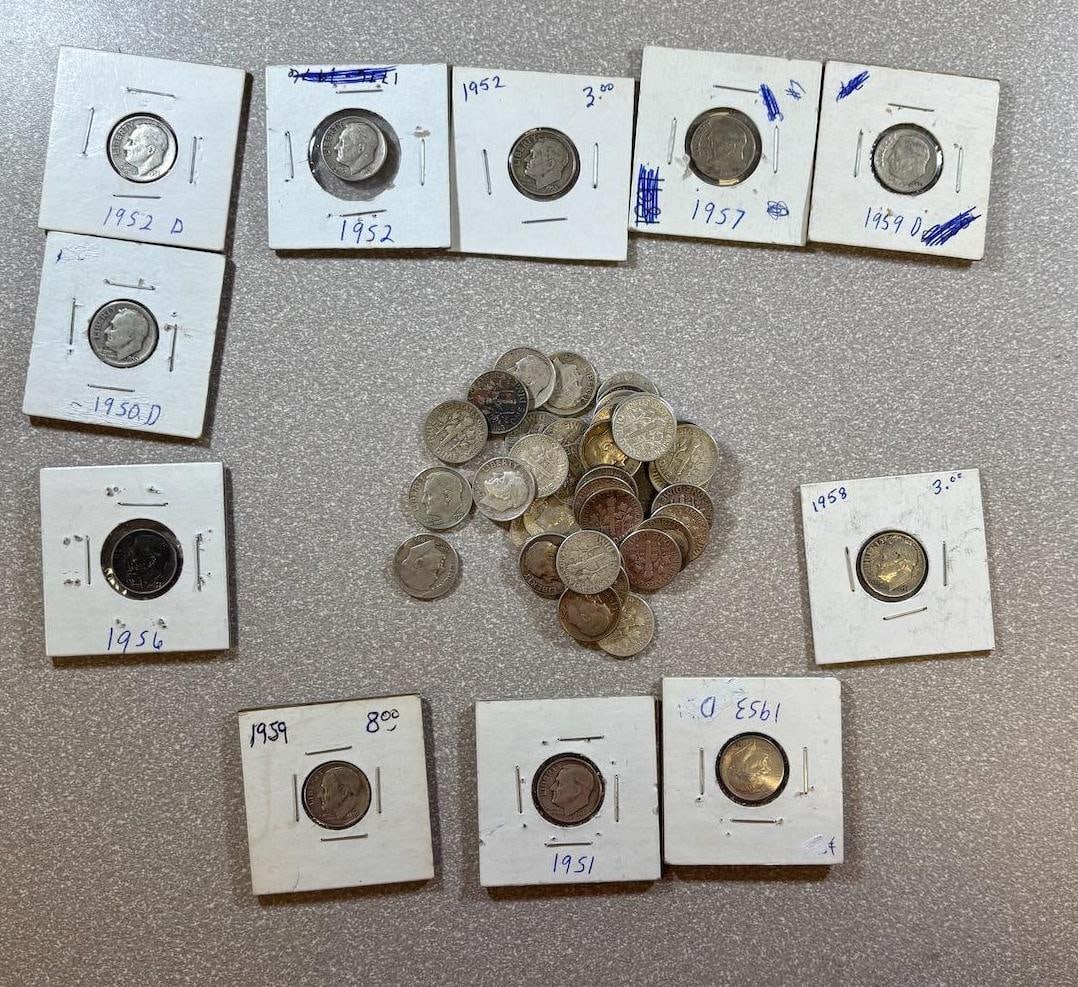 50- 90% 1950's Silver Roosevelt Dimes, various dates: IMPORTANT, WE ONLY ACCEPT CREDIT CARDS UP TO $500 FOR ONLINE COIN PURCHASES. YOU CAN PAY ACH THROUGH PROXIBID, OR YOU CAN SEND A WIRE OR CERTIFIED CHECK. WE WILL HOLD ALL SHIPPING OF COINS FOR 10 DAYS